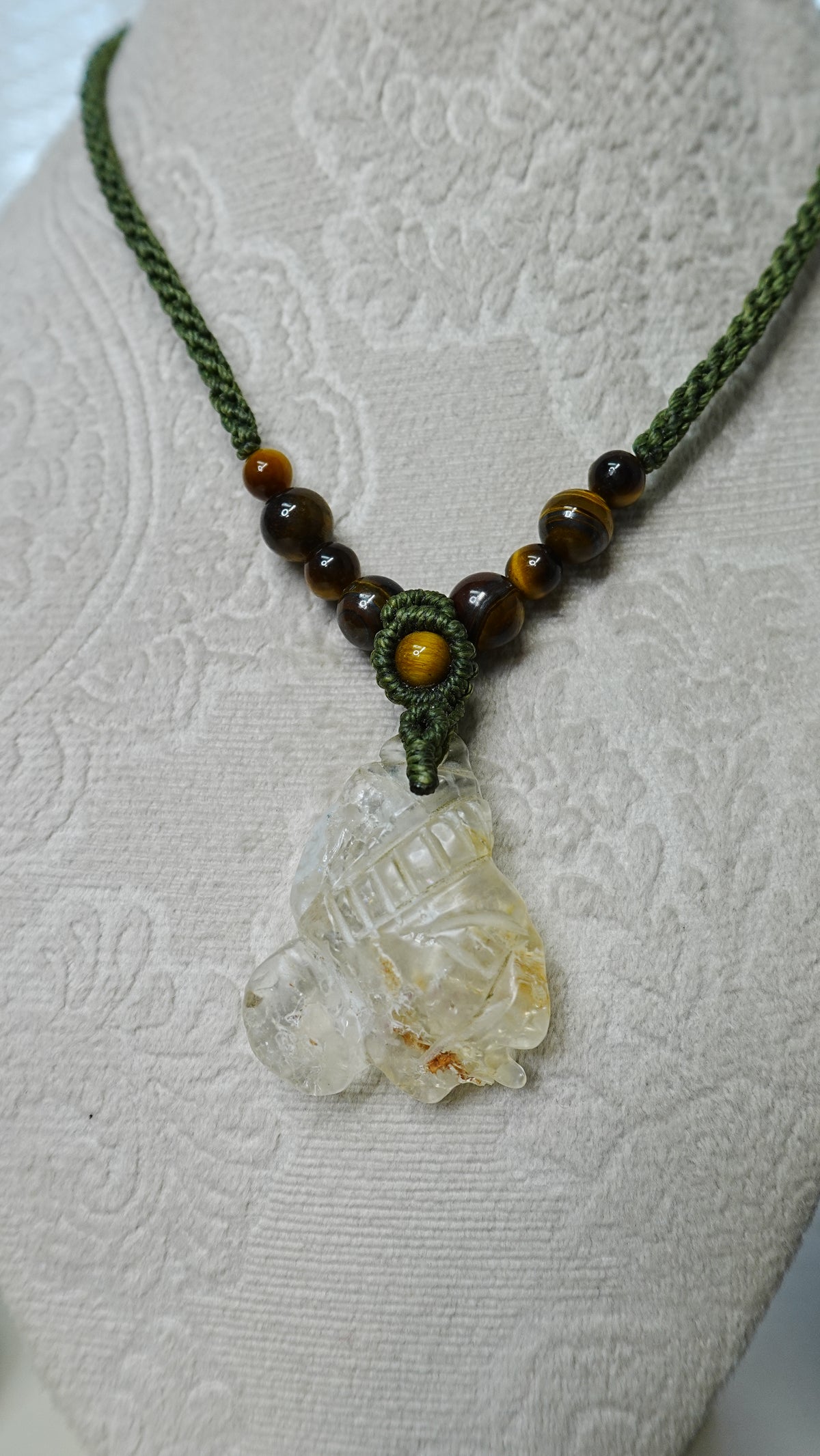 Mayan Profile Necklace — Mexican Hyalite Opal & Tiger's Eye Carved Pendant