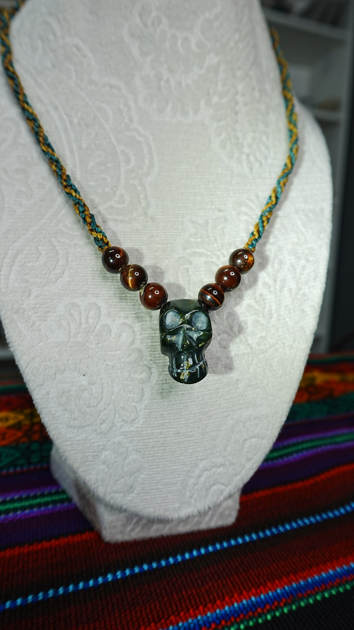 Skull Pendant Necklace — Hand-Carved with Crystal Beads, Day of the Dead Style