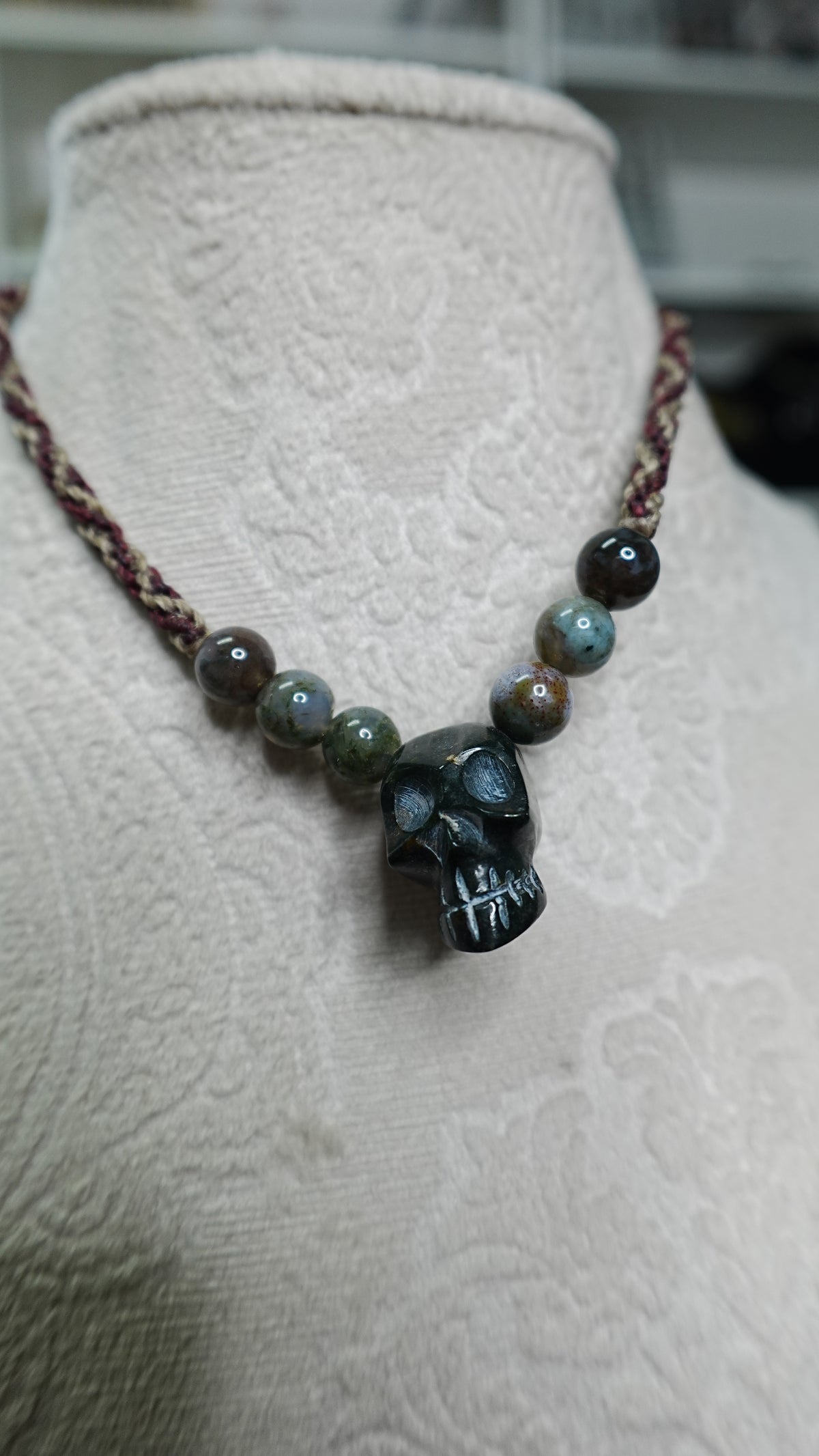 Skull Pendant Necklace — Hand-Carved with Crystal Beads, Day of the Dead Style