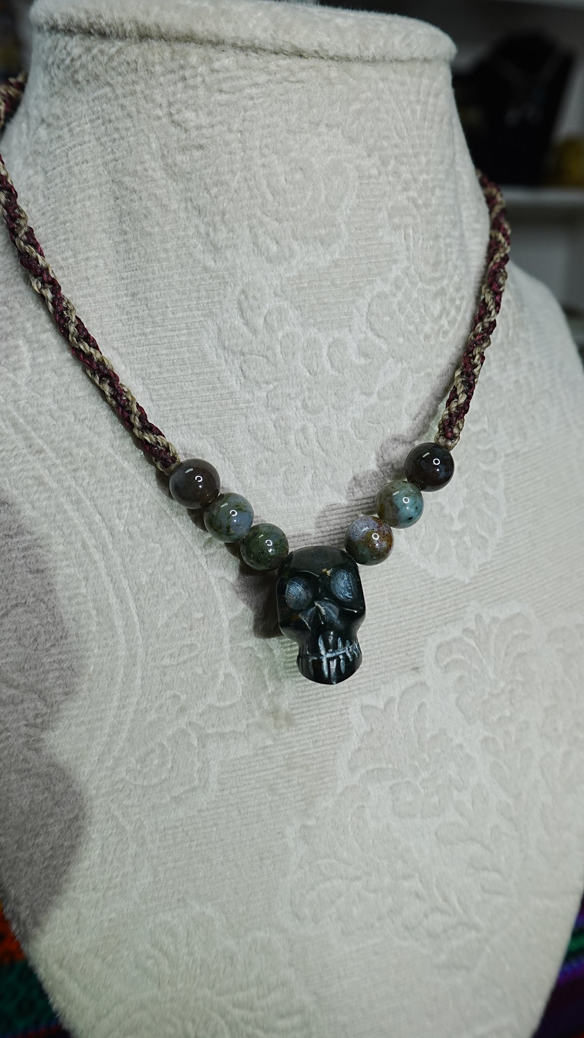 Skull Pendant Necklace — Hand-Carved with Crystal Beads, Day of the Dead Style
