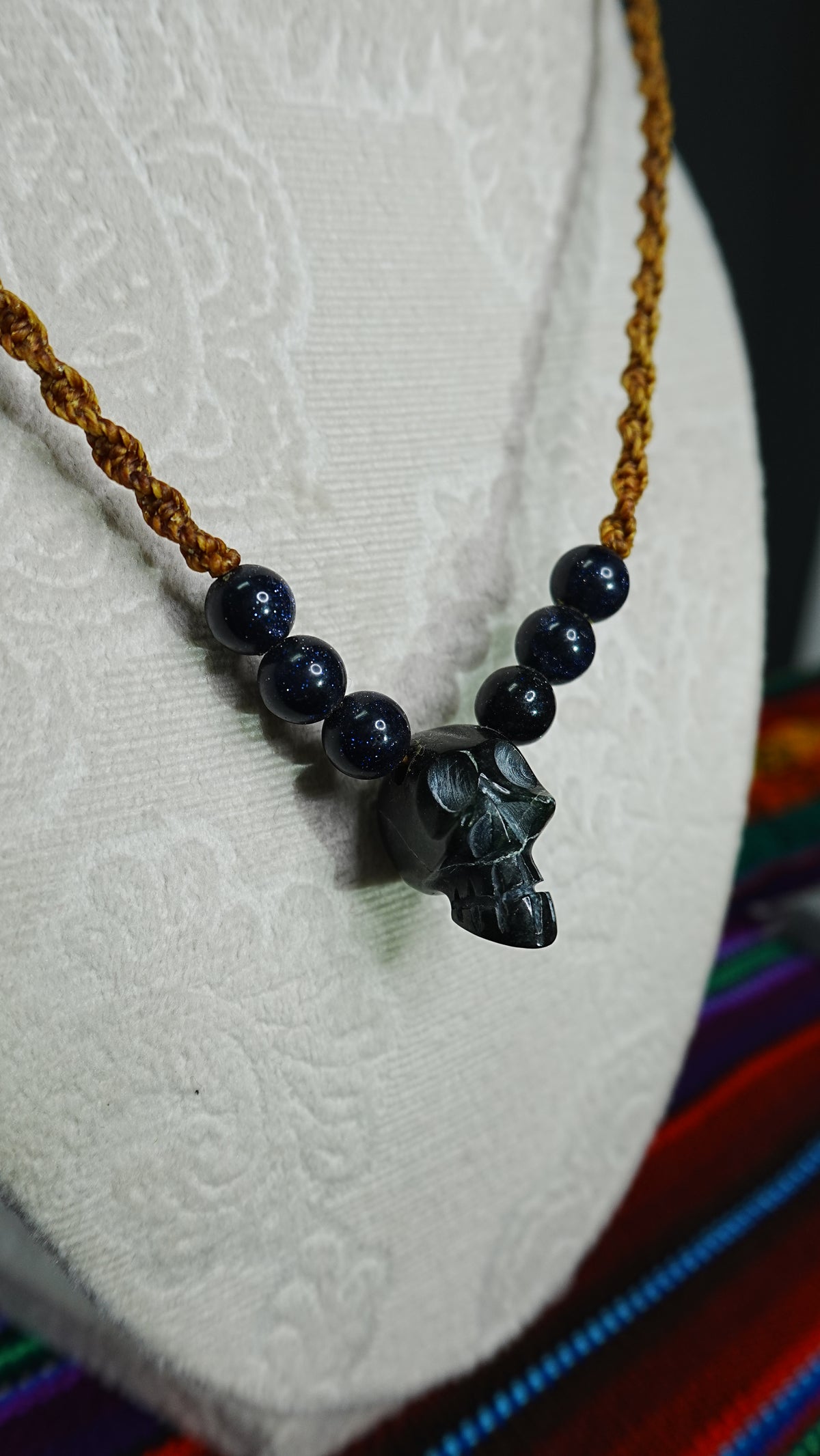 Skull Pendant Necklace — Hand-Carved with Crystal Beads, Day of the Dead Style