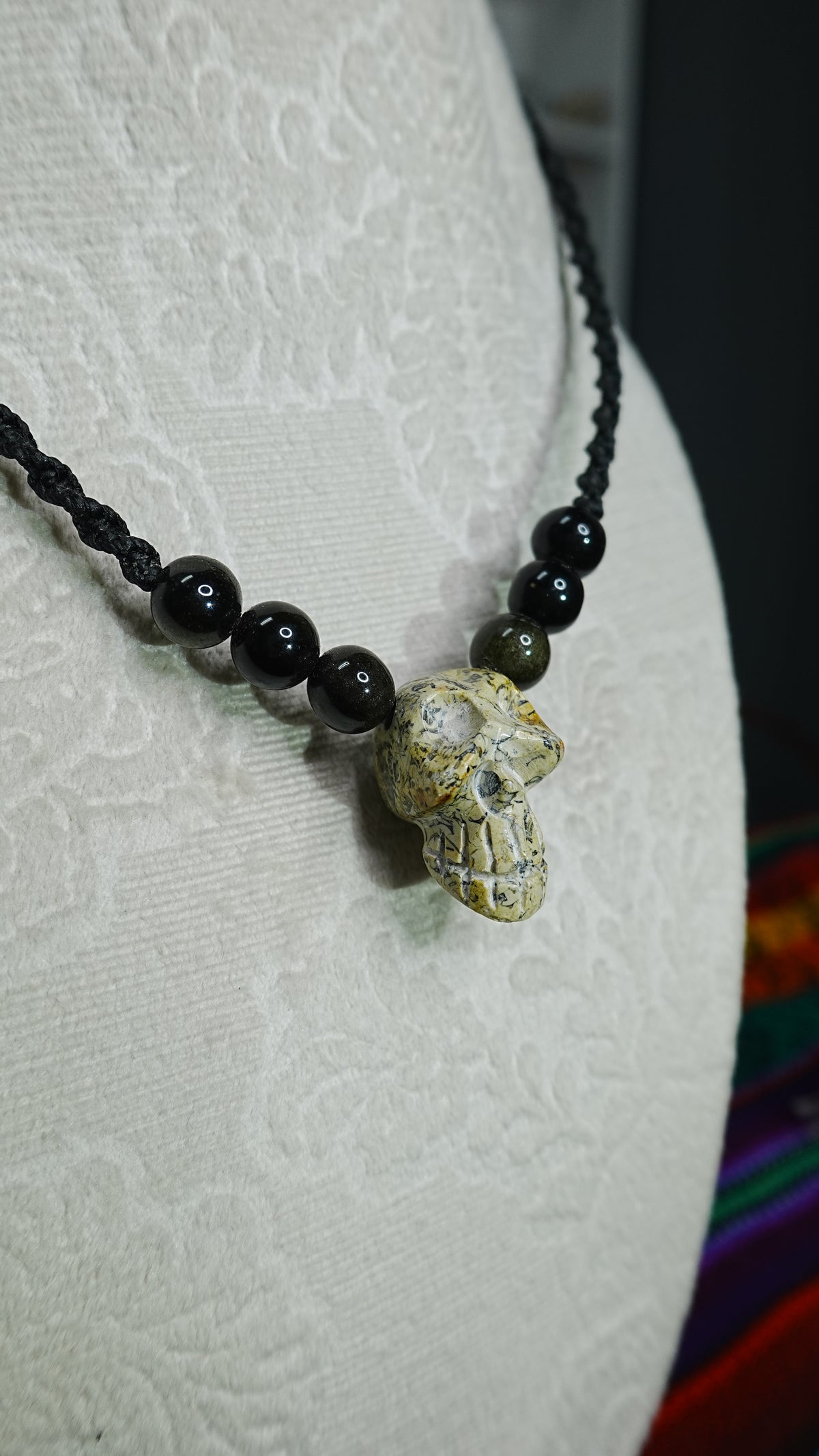 Skull Pendant Necklace — Hand-Carved with Crystal Beads, Day of the Dead Style