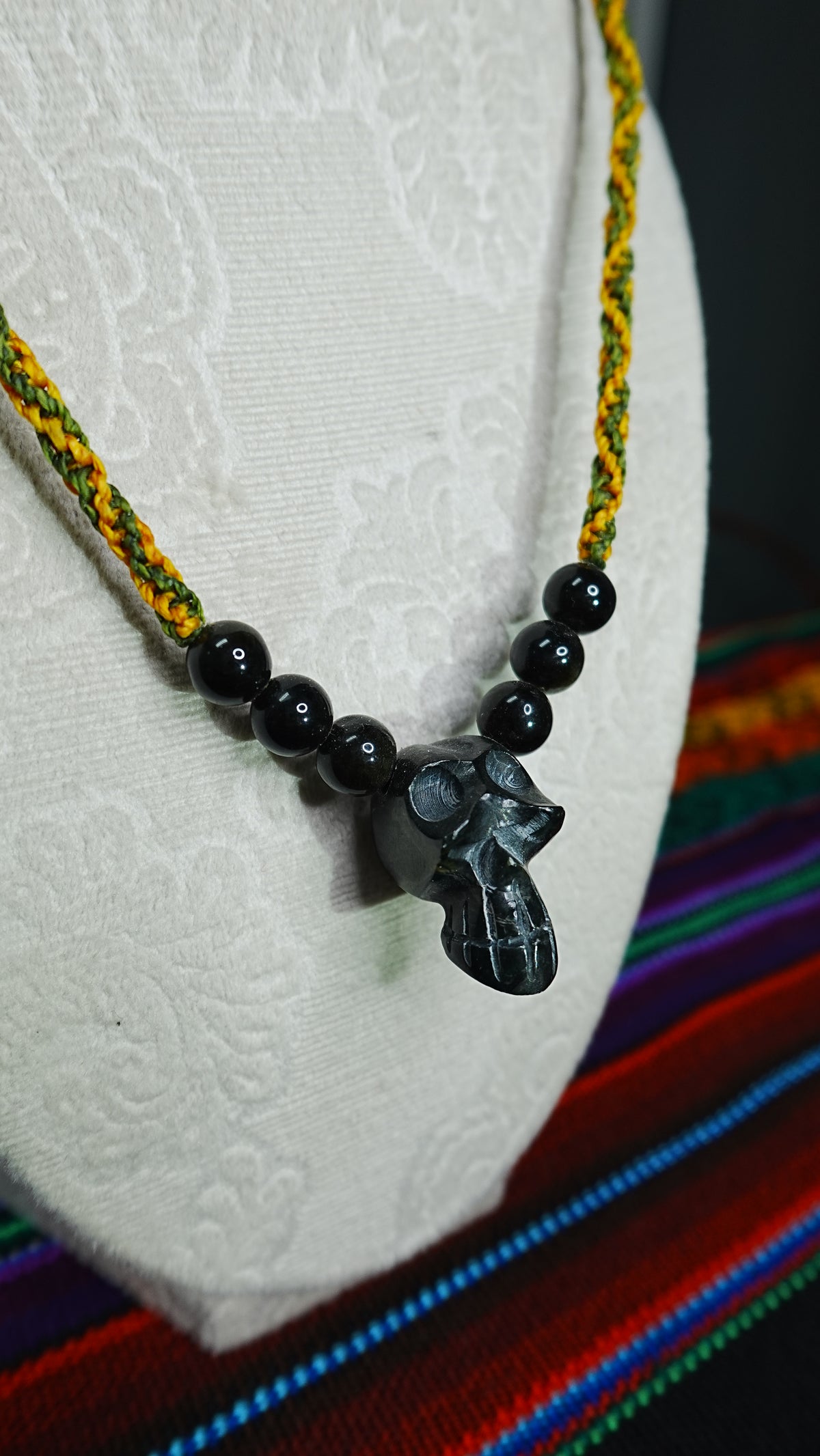 Skull Pendant Necklace — Hand-Carved with Crystal Beads, Day of the Dead Style