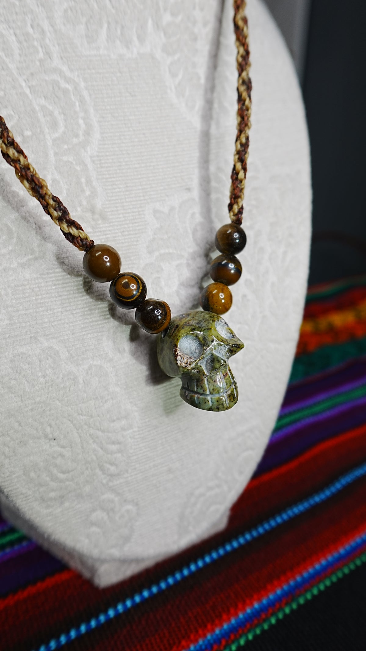 Skull Pendant Necklace — Hand-Carved with Crystal Beads, Day of the Dead Style