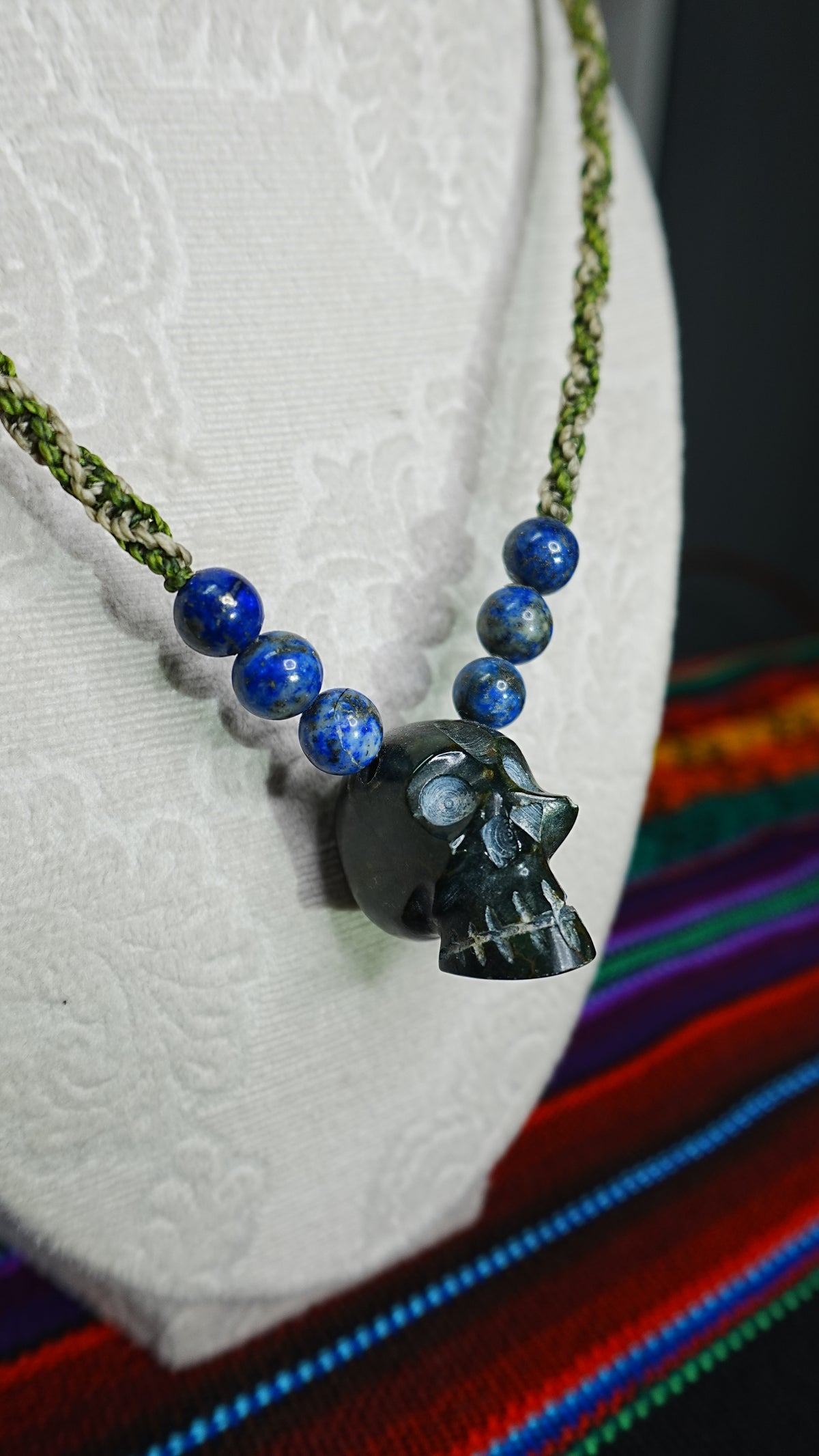 Skull Pendant Necklace — Hand-Carved with Crystal Beads, Day of the Dead Style