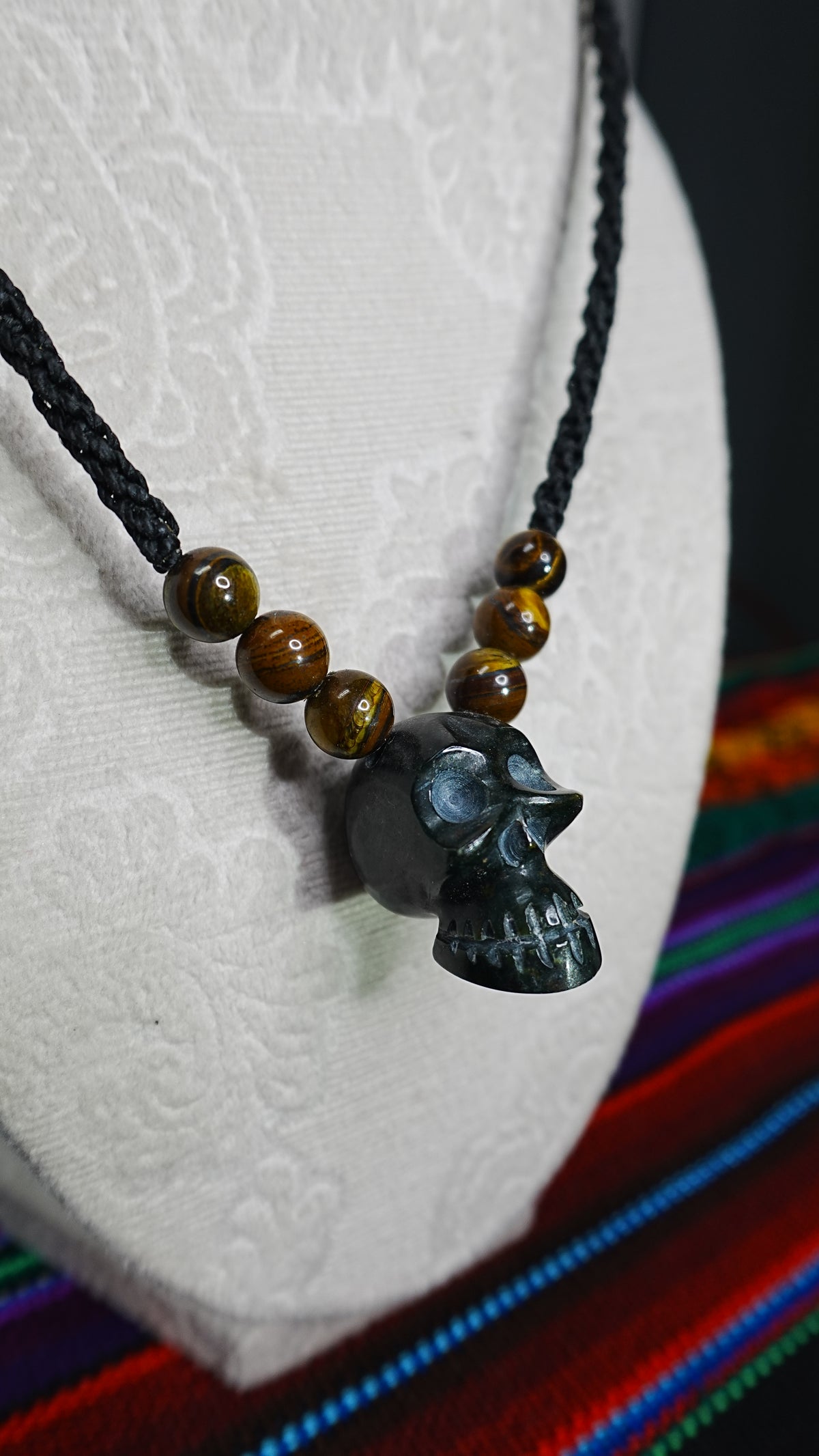 Skull Pendant Necklace — Hand-Carved with Crystal Beads, Day of the Dead Style
