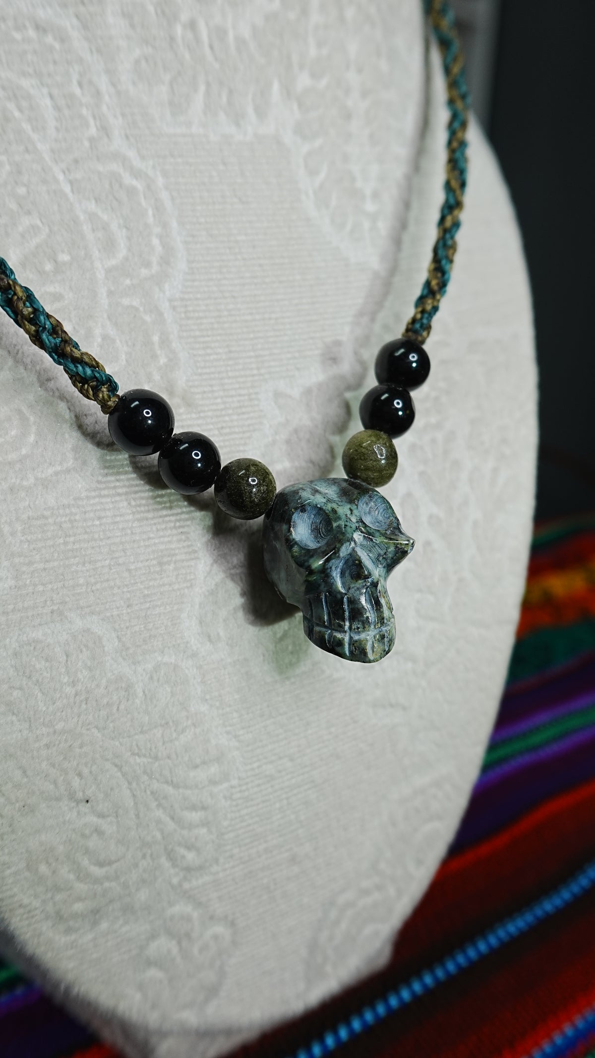 Skull Pendant Necklace — Hand-Carved with Crystal Beads, Day of the Dead Style