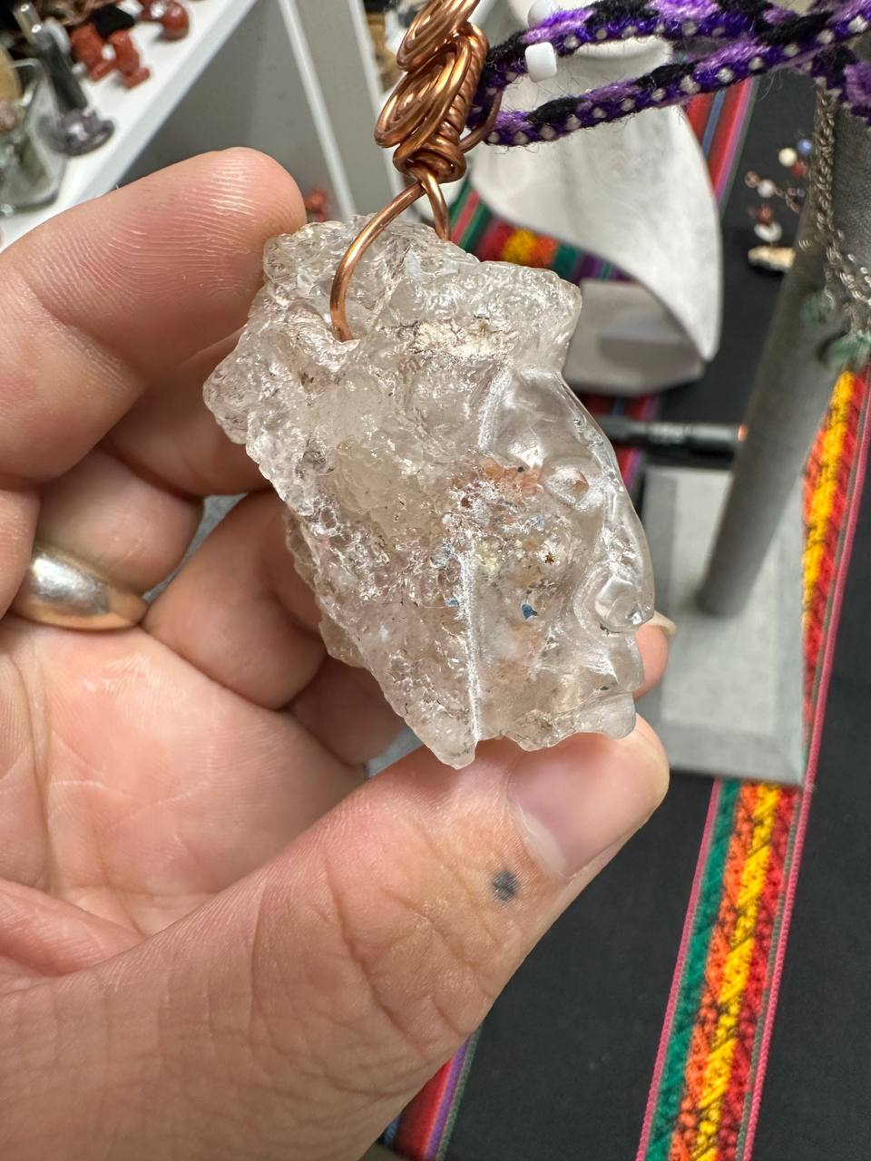 Double Mayan Profile & Skull Necklace — Mexican Hyalite Opal Raw Crystal Carving