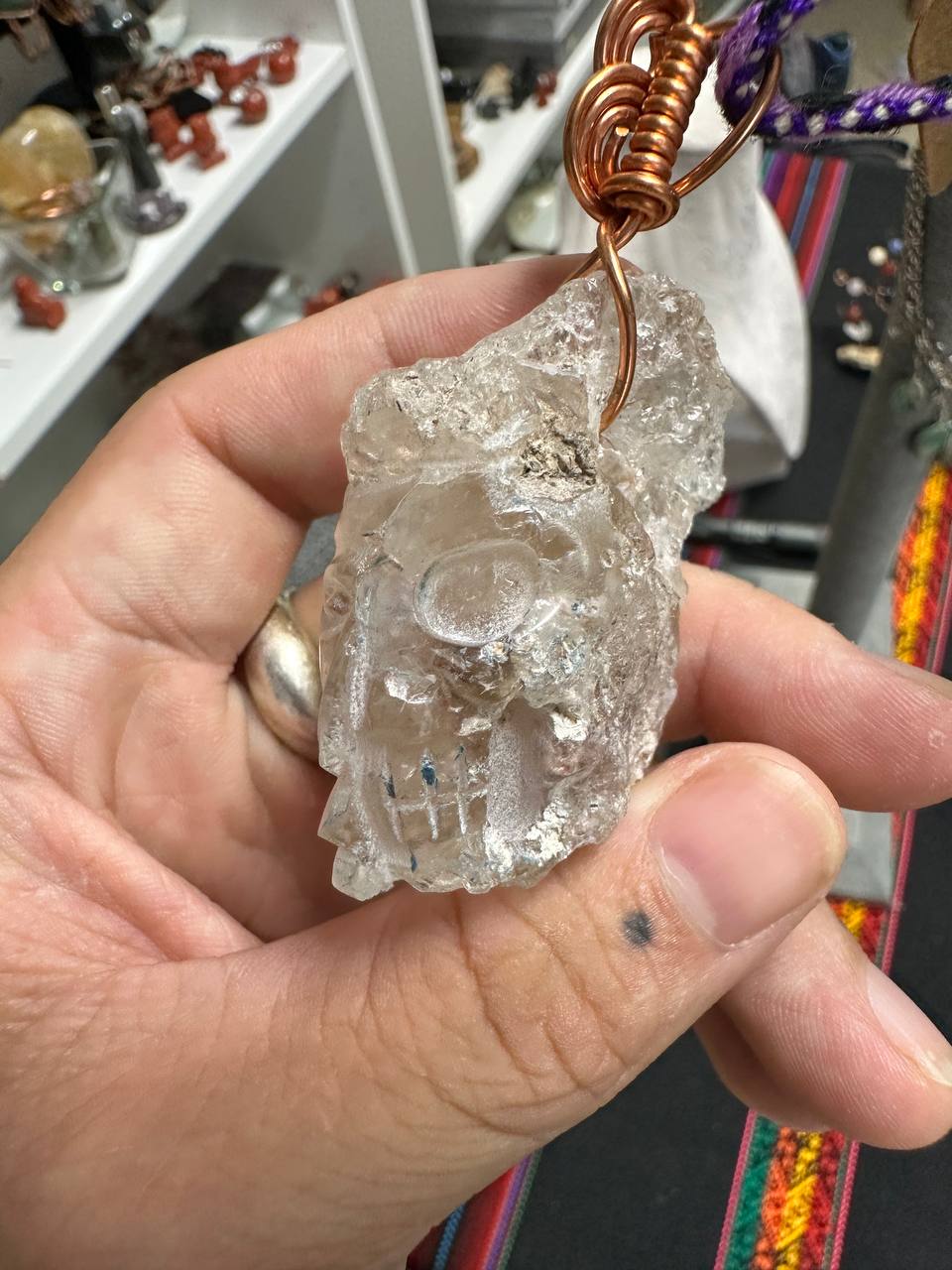 Double Mayan Profile & Skull Necklace — Mexican Hyalite Opal Raw Crystal Carving